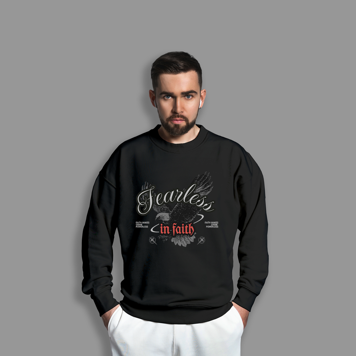 Handsome man wearing white sweatshirt with wireless earbuds FEARLESS - MEN'S SWEATSHIRT